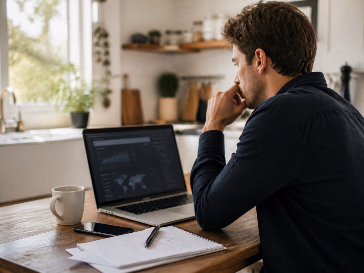 A person examining dark web email breach alerts in a bright kitchen, highlighting the importance of personal data security.