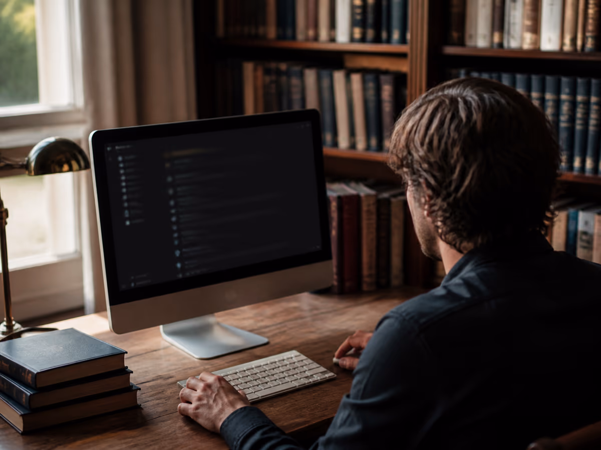 A person accessing a dark web search engine on a desktop computer in a library setting.