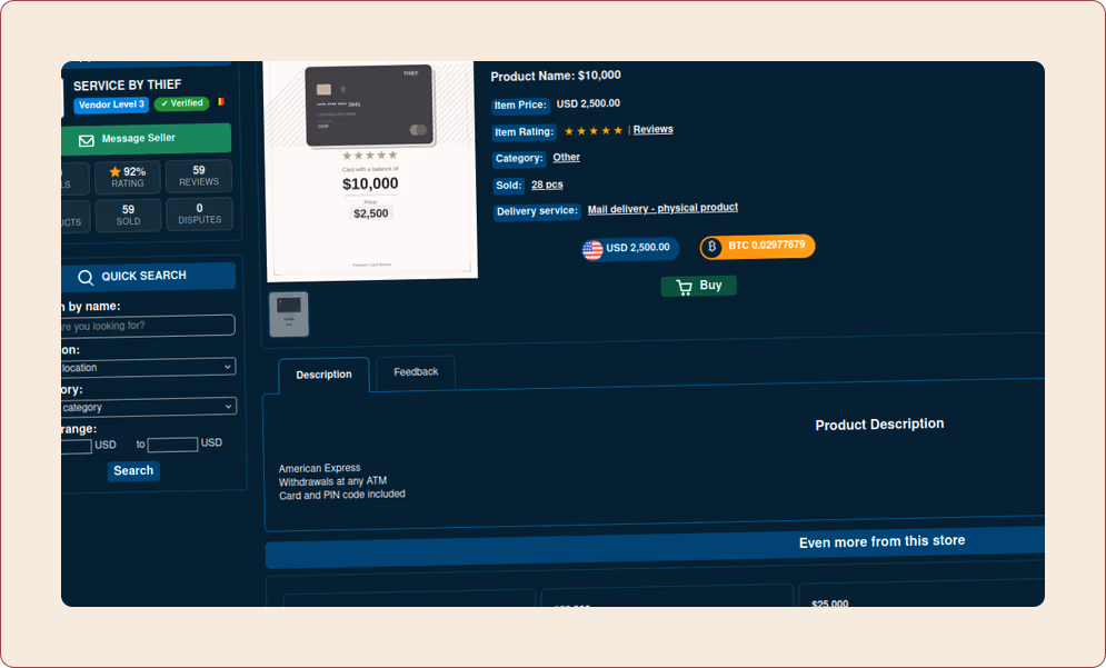 Dark web shop listing for cloned card services