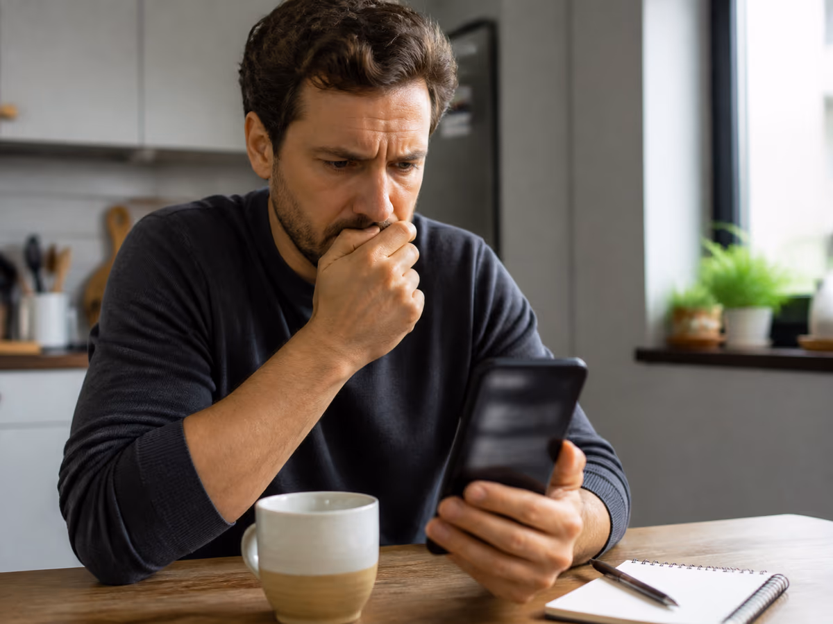 A person checking dark web alert notifications on their smartphone in a kitchen setting, highlighting personal data security concerns.