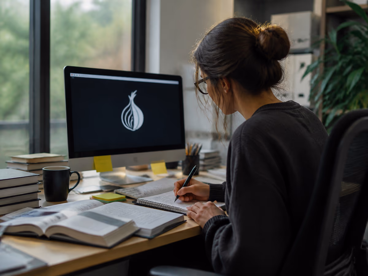 A researcher analyzing the Hidden Wiki logo on a computer screen in a bright office setting.