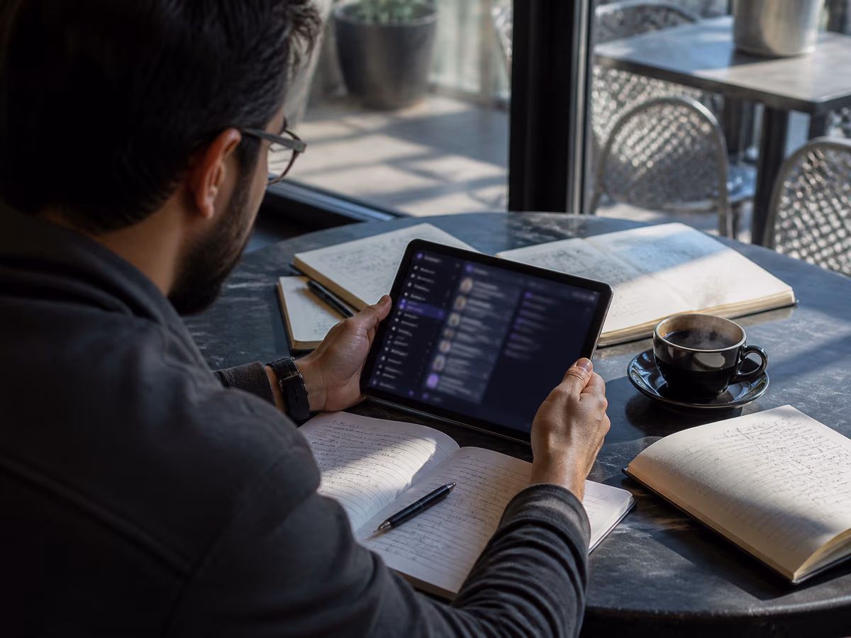 A researcher examining Hidden Wiki updates on a tablet in a stylish cafe setting.