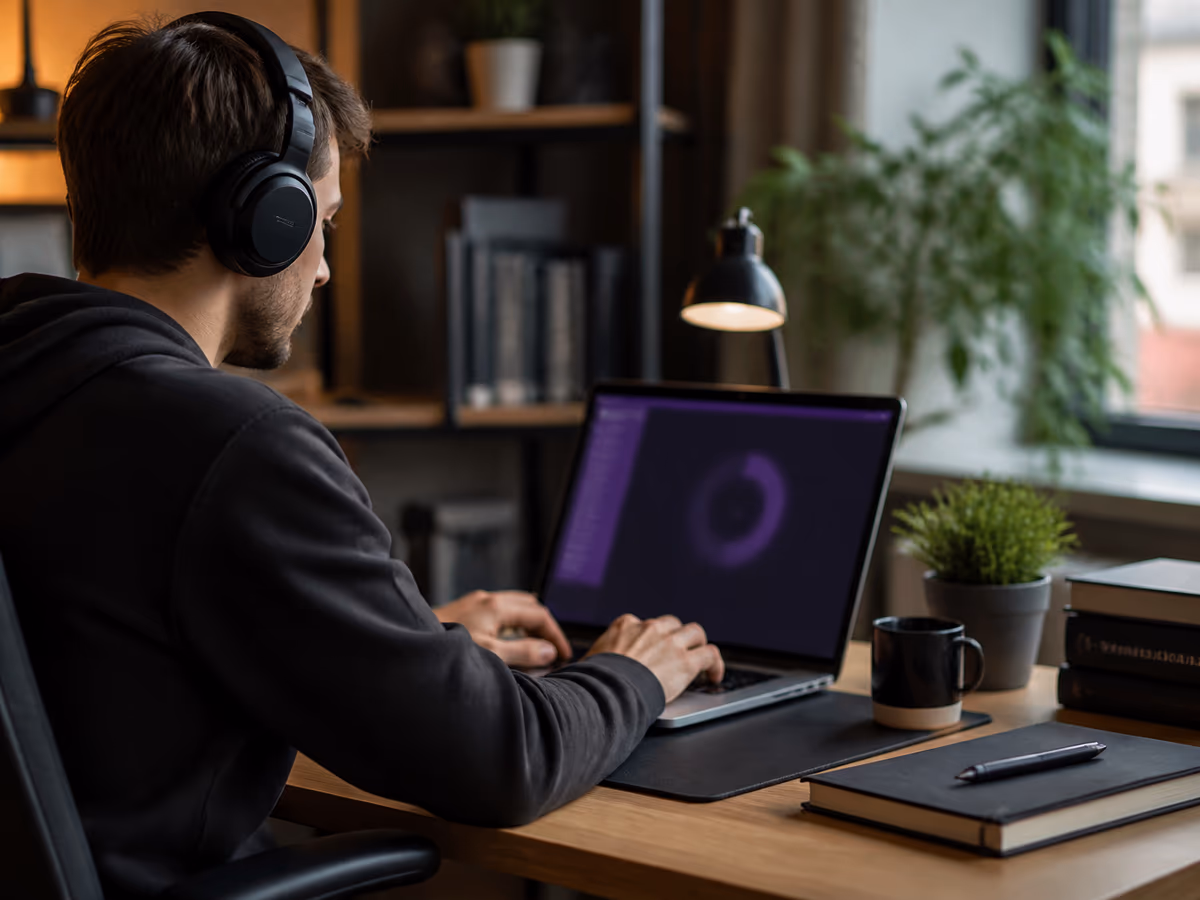 A person accessing .onion links in a home office, emphasizing safety and research.
