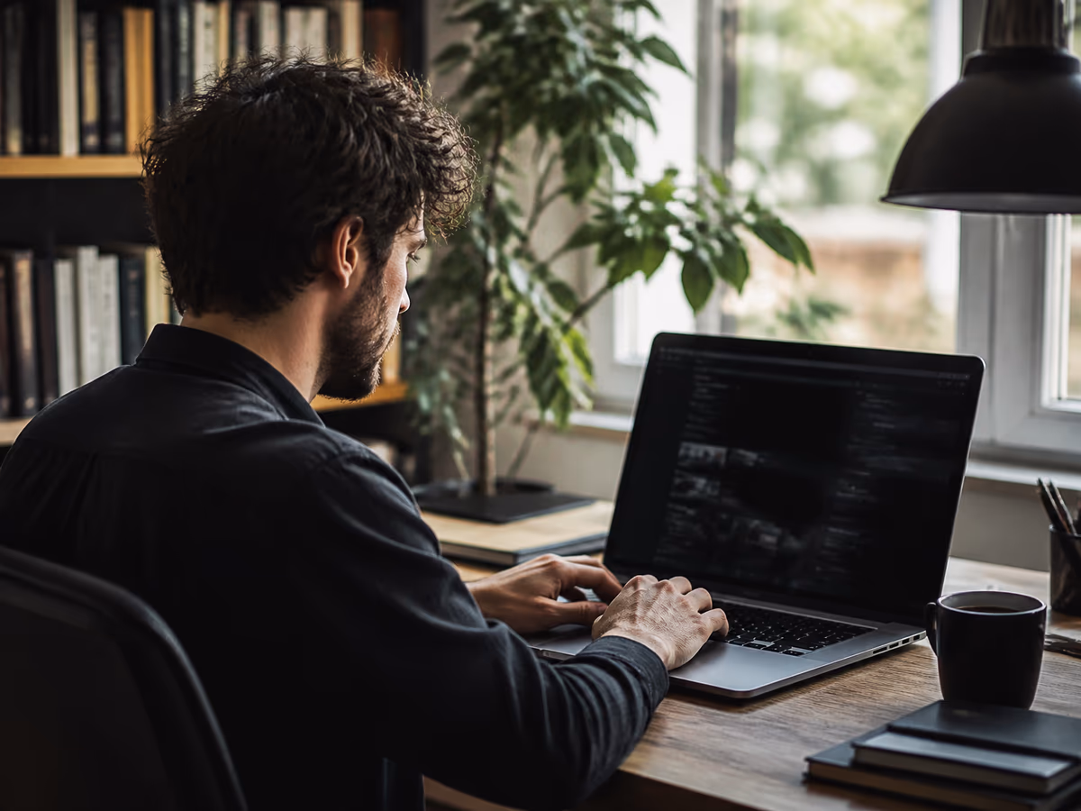 A researcher examining black web pages on a laptop in a modern home office setting.