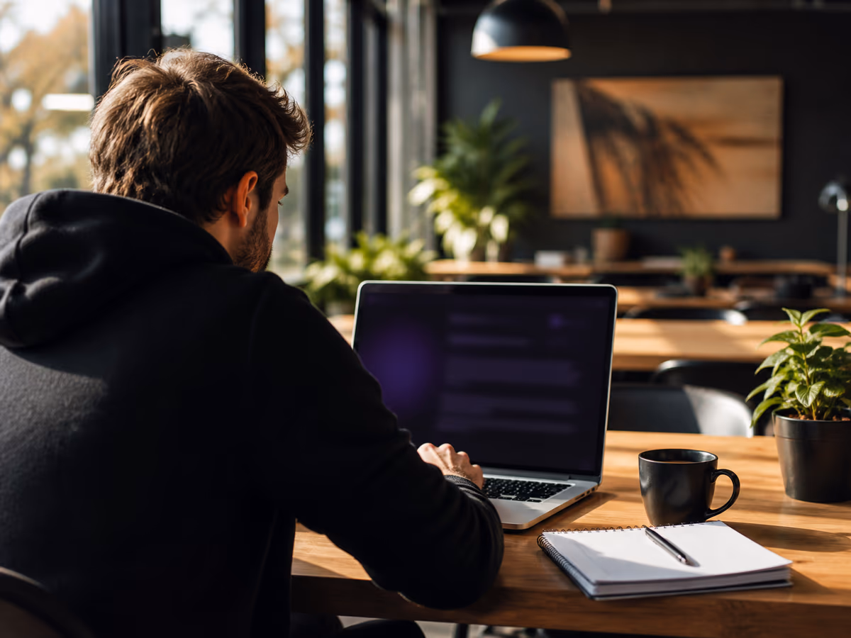 A focused individual researching the dark web in a bright co-working space, surrounded by modern decor and sunlight.