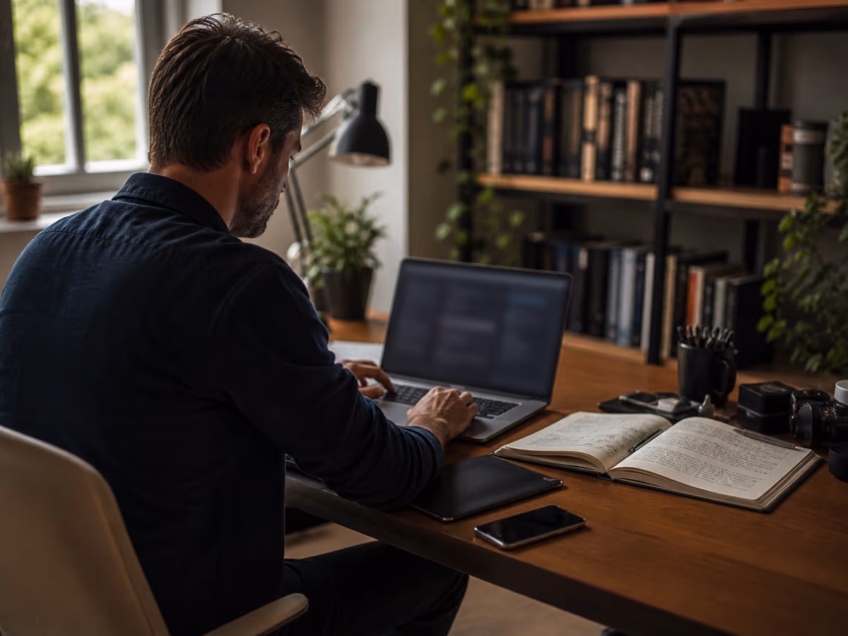 A researcher in a modern home office exploring Torch onion links on a laptop, illustrating safe access to the deep web.