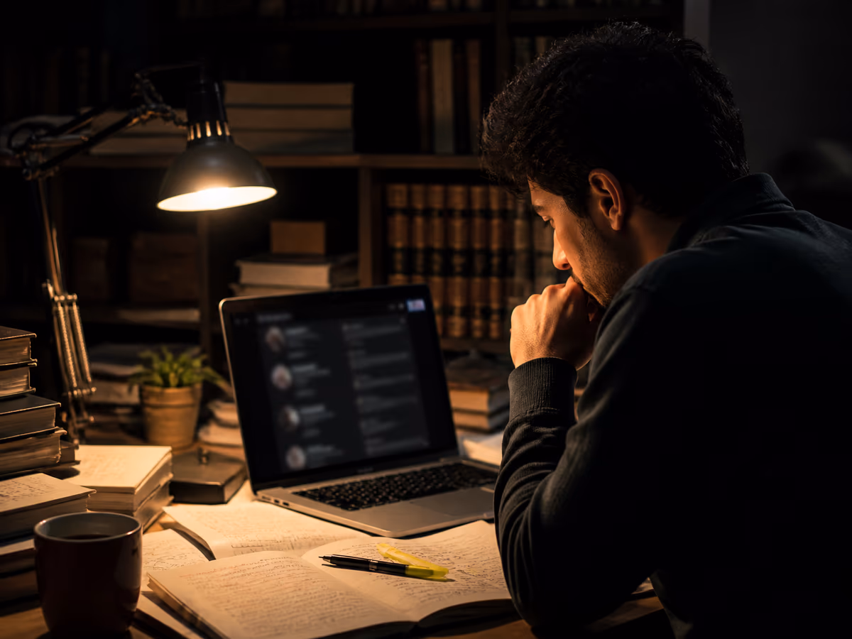 A researcher examining dark web gore content on a laptop in a dim office setting.