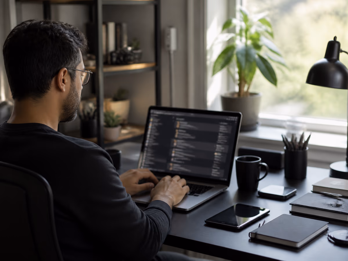 A developer examining GitHub repositories related to Hidden Wiki resources in a bright workspace.