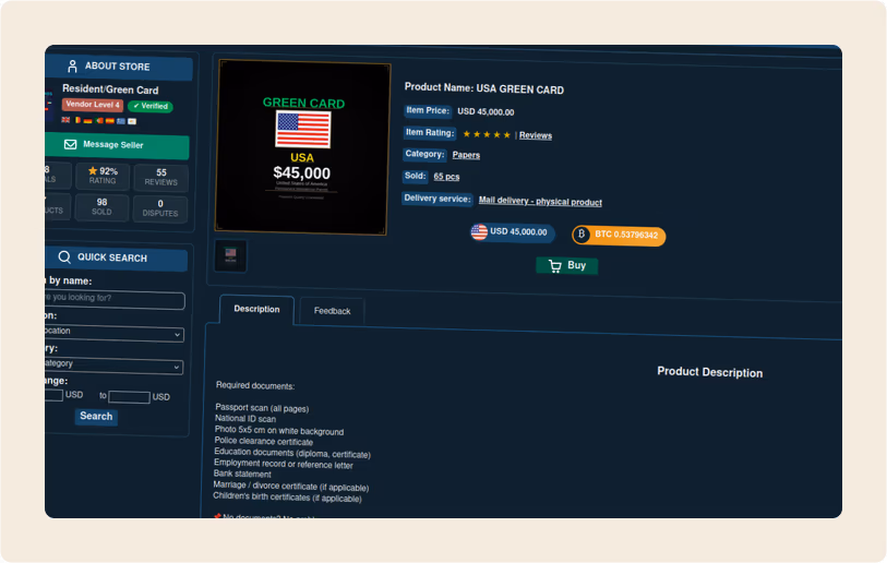 US green card listing priced at 45,000 dollars
