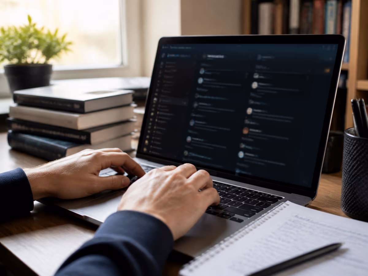 A person researching dark web forums in a home office, highlighting the exploration of hidden communities online.