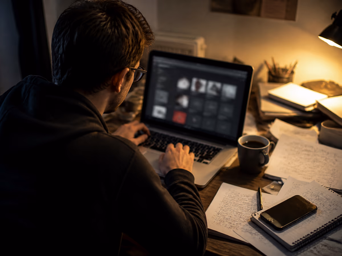 A researcher examines dark web marketplace listings on a laptop in a dimly lit room, reflecting on illegal activities.