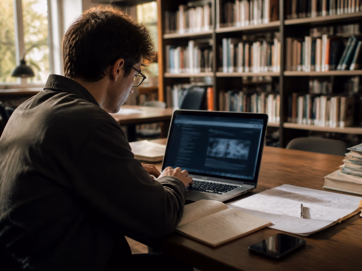 A person researching deep web resources in a library setting, emphasizing knowledge and exploration.