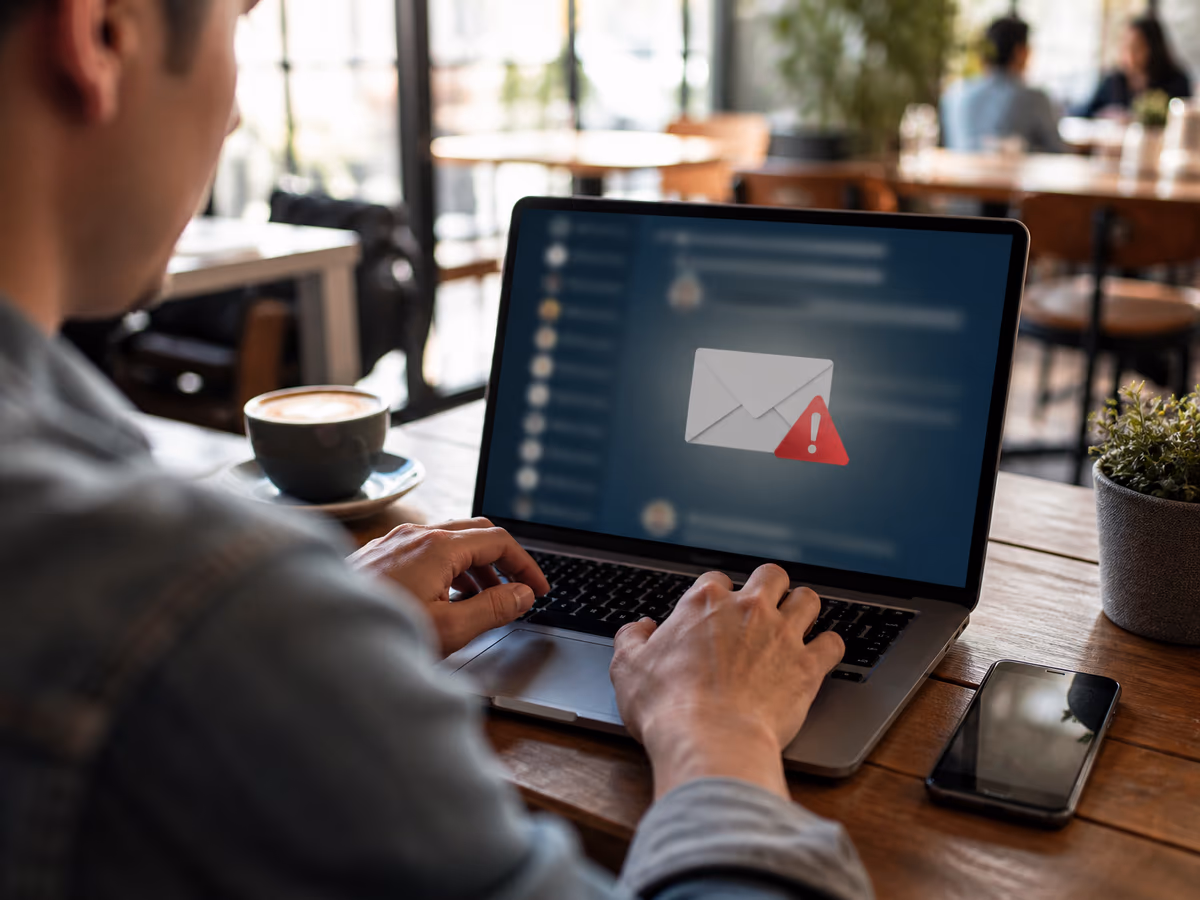 A person using a laptop in a cafe to check email security against dark web threats.