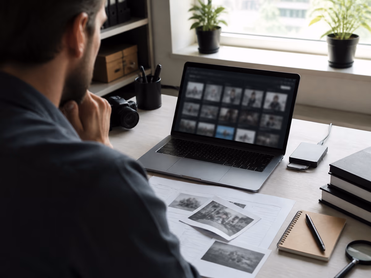 A researcher in a modern office exploring dark web image search tools on a laptop.