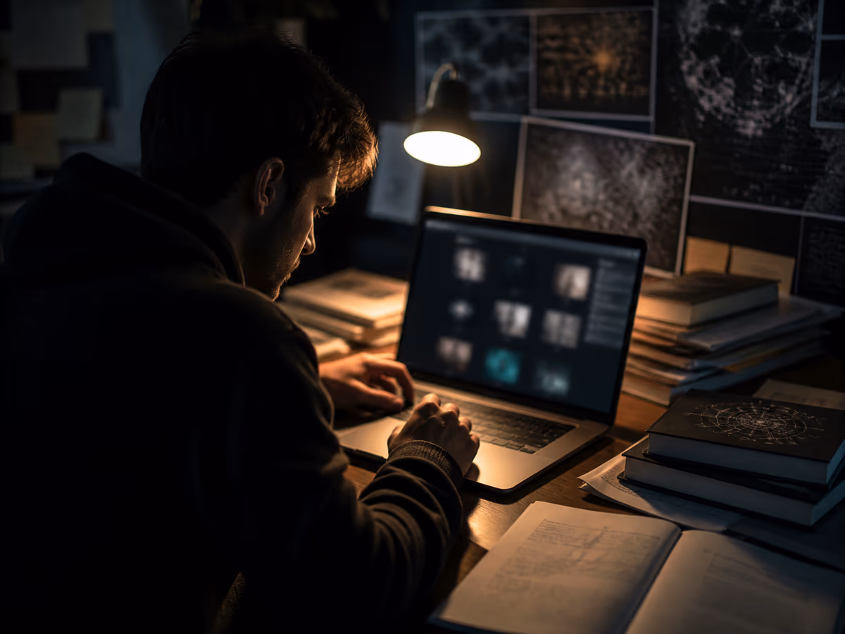 A person researching dark web multimedia content on a laptop, surrounded by books and notes.