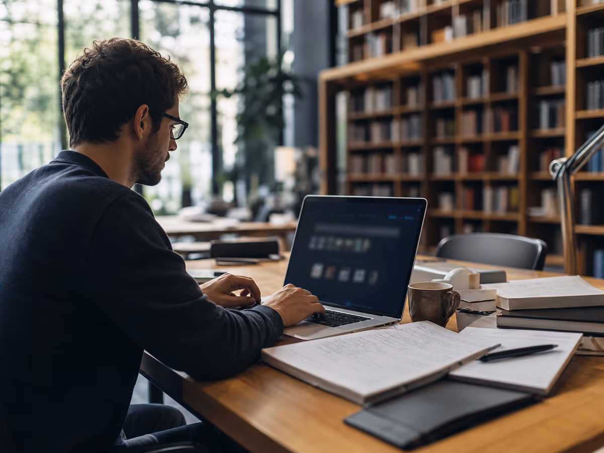 A researcher accessing .onion websites in a contemporary library setting, highlighting safe dark web exploration.