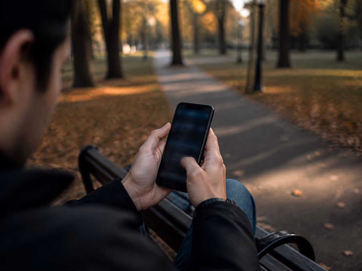 A person using a smartphone to explore dark web resources in a peaceful park setting.