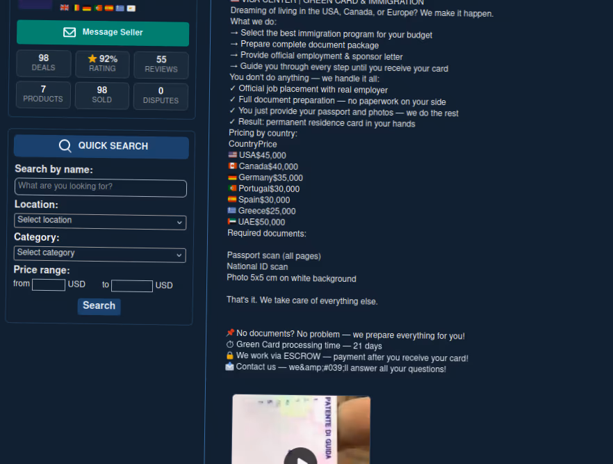 Visa and green card service website interface