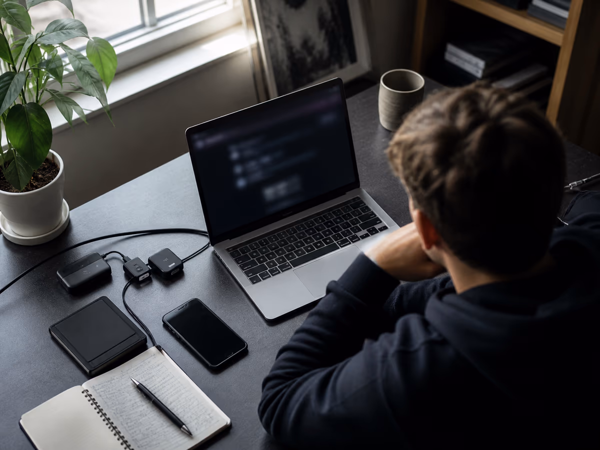 A person diligently verifying .onion links on a laptop at a desk, surrounded by tech tools.