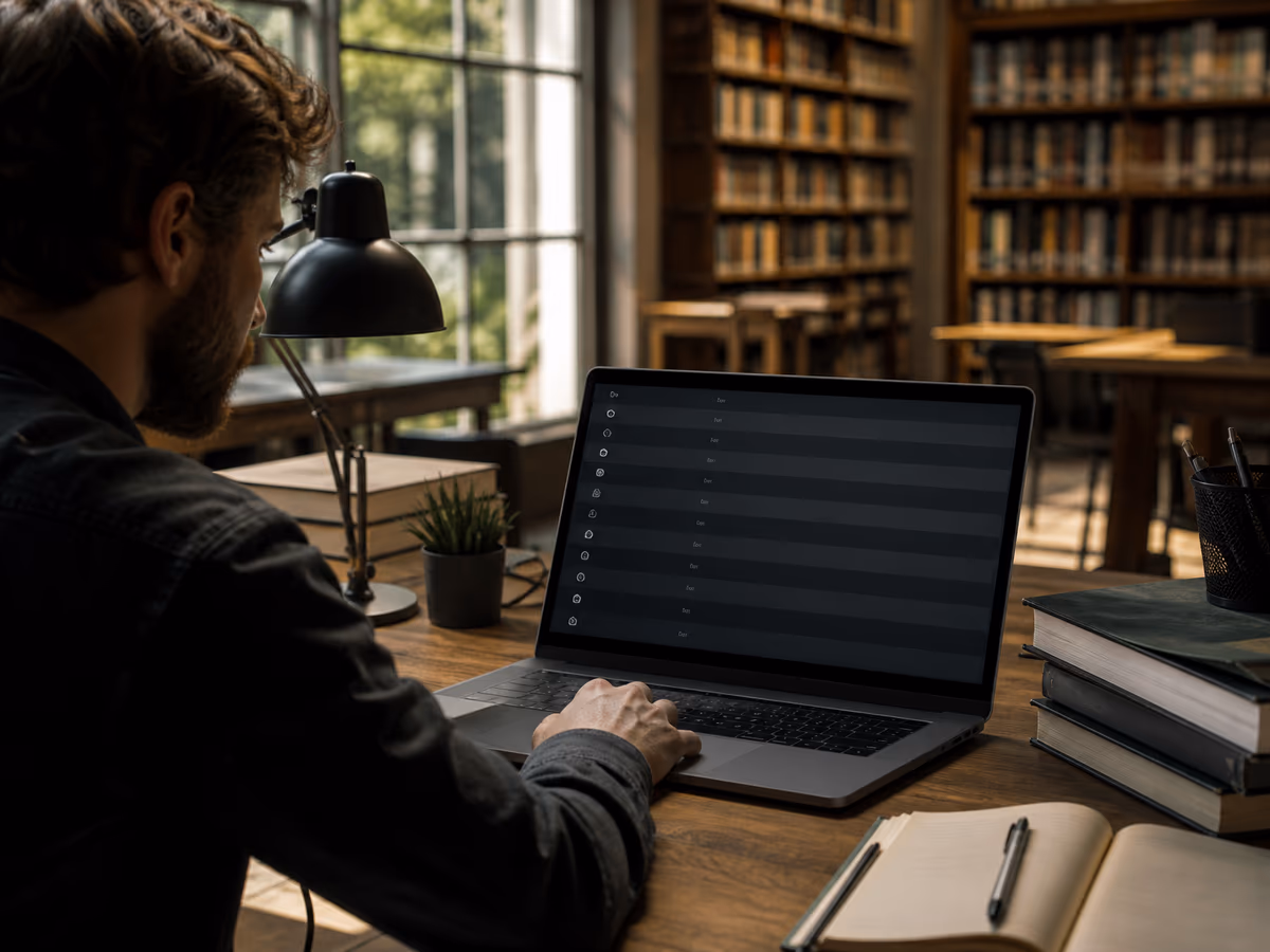A researcher in a library analyzing .onion links on a laptop, reflecting safe dark web navigation.