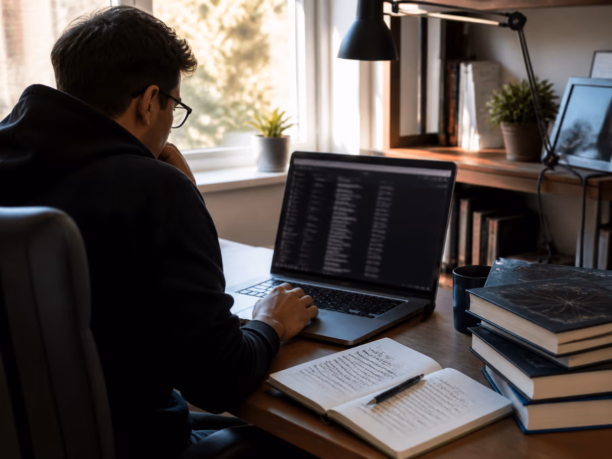A researcher studying the Hidden Wiki and its resources on a laptop at a modern desk