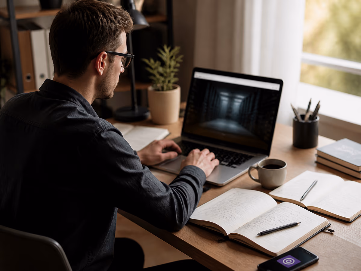 A researcher investigates .onion links on a laptop, surrounded by notes and coffee, highlighting the article's focus on hidden resources.