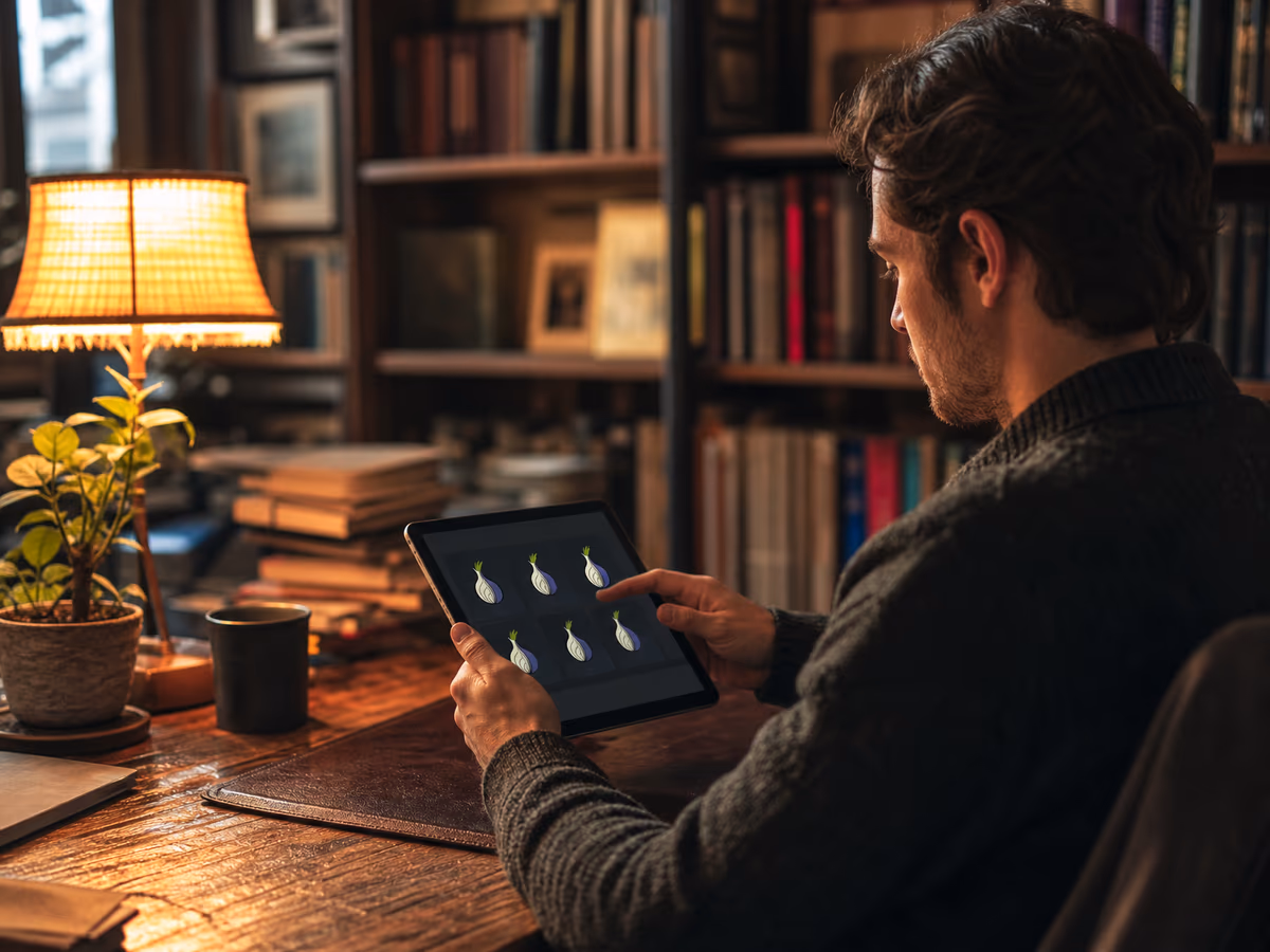 A person exploring hidden links on a tablet in a cozy study, reflecting the article's focus on the Hidden Wiki.