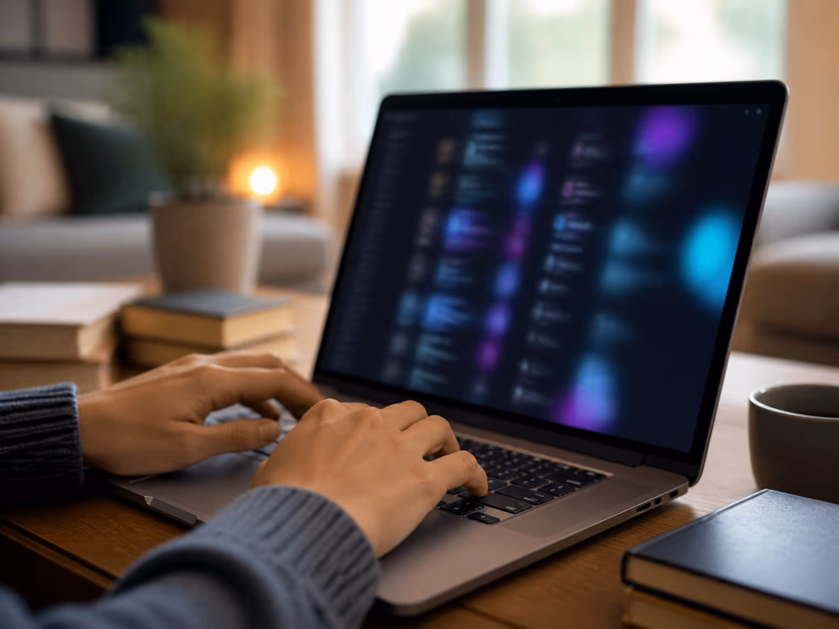 A person engaging with dark web resources on a laptop in a cozy living room.