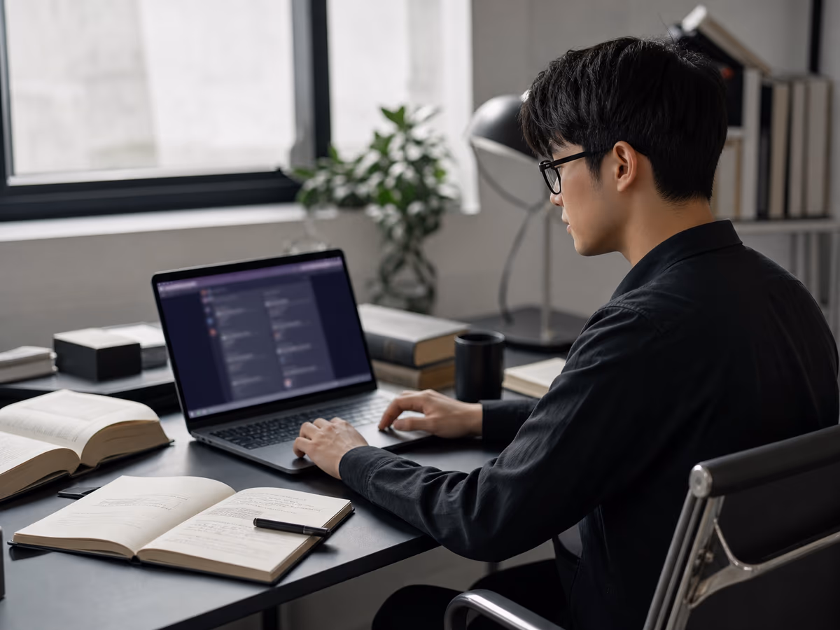 A researcher engaged in examining .onion links in a contemporary workspace, emphasizing safe access to dark web resources.