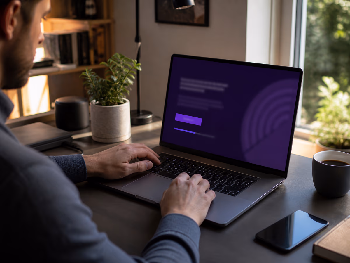 A user in a cozy home office downloading the Tor Browser, showcasing a focus on privacy and security.